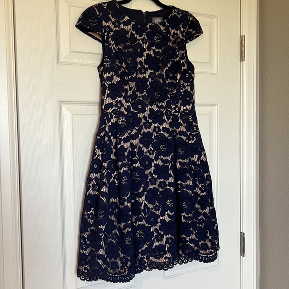 Vince Camuto Dresses Vince Camuto Navy Blue Lace Nude Lined Overlay Fit Flare Dress Size P